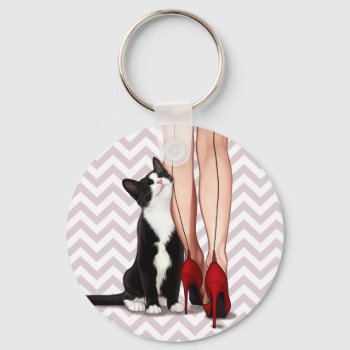 Woman And Tuxedo Cat Keychain by MarylineCazenave at Zazzle