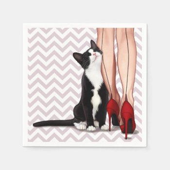 Woman And Tuxedo Cat Paper Napkins by MarylineCazenave at Zazzle