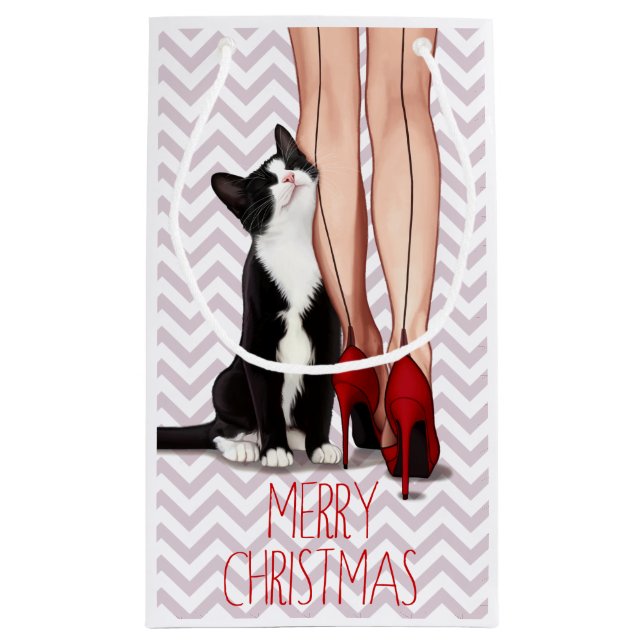 Woman and Tuxedo Cat Small Gift Bag (Back)