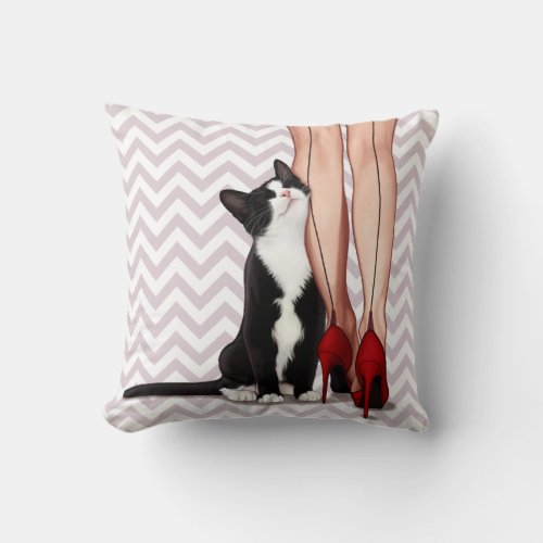Woman and Tuxedo Cat Throw Pillow