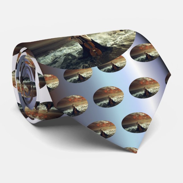Woman and Violin in the Ocean Neck Tie