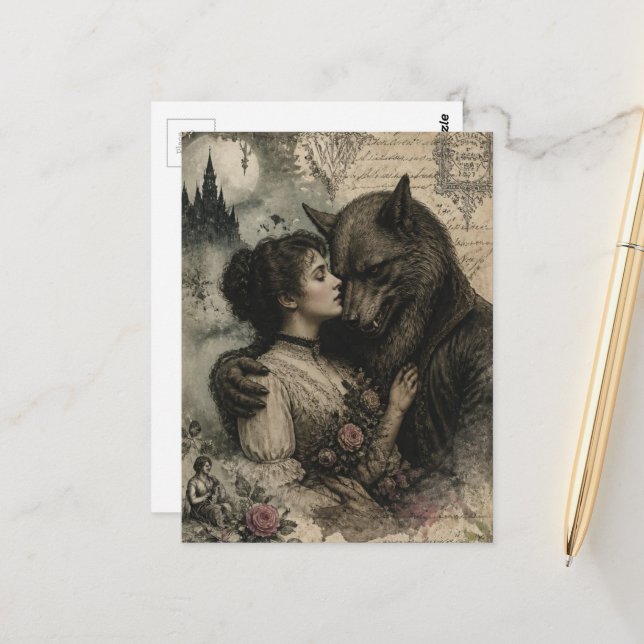 Woman and Werewolf in Love Vintage  Postcard (Front/Back In Situ)