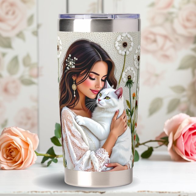 Woman and White Cat and Dandelions  Insulated Tumbler (Creator Uploaded)