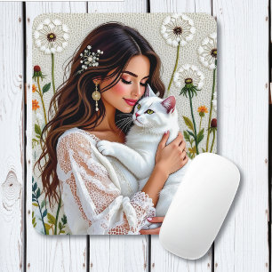 Woman and White Cat and Dandelions Mouse Pad