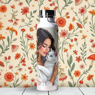Woman and White Cat and Dandelions Water Bottle