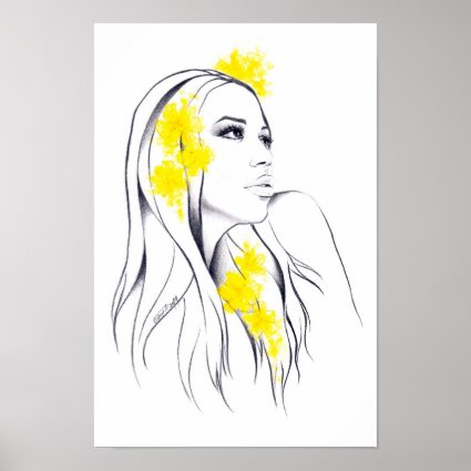 Woman and yellow flowers fashion illustration art poster