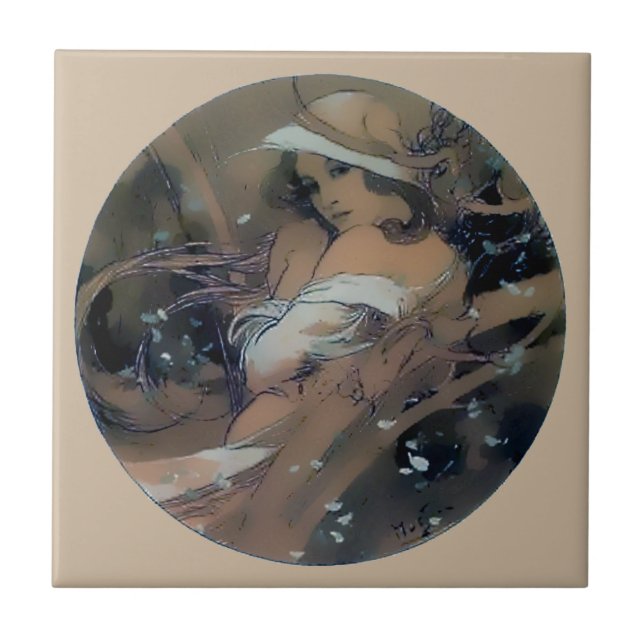 Woman Art Nouveau Mucha Winter Ceramic Tile (Front)