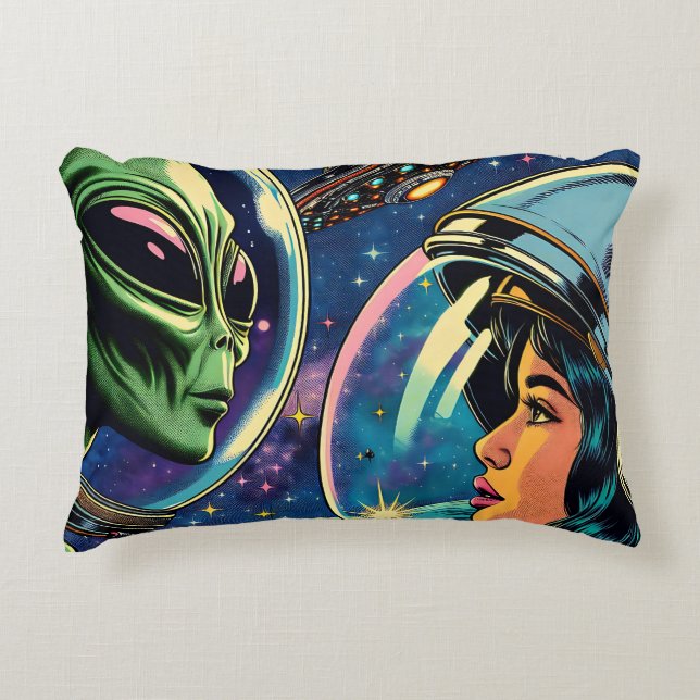 Woman Astronaut Meets Extraterrestrial Alien Accent Pillow (Front)
