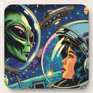 Woman Astronaut Meets Extraterrestrial Alien Beverage Coaster
