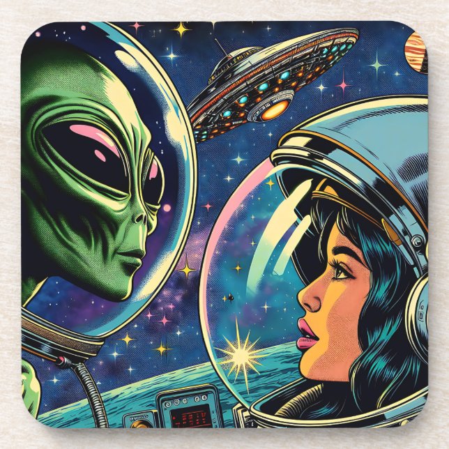 Woman Astronaut Meets Extraterrestrial Alien Beverage Coaster (Front)