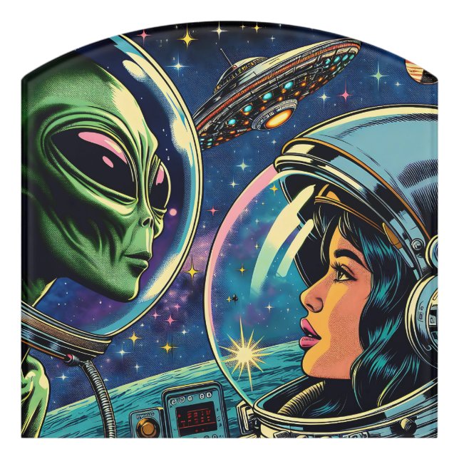 Woman Astronaut Meets Extraterrestrial Alien Door Sign (Contour Front)