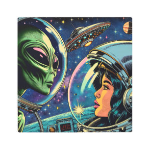 Woman Astronaut Meets Extraterrestrial Alien Metal Print