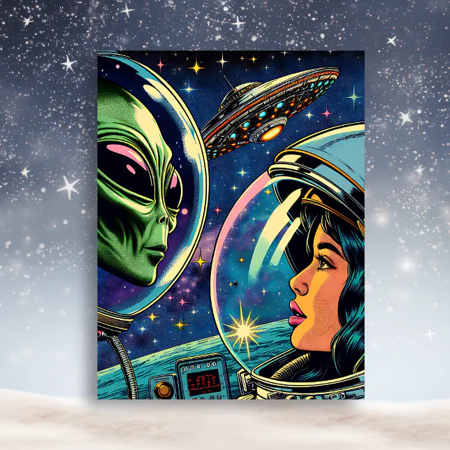 Woman Astronaut Meets Extraterrestrial Alien Postcard | Zazzle
