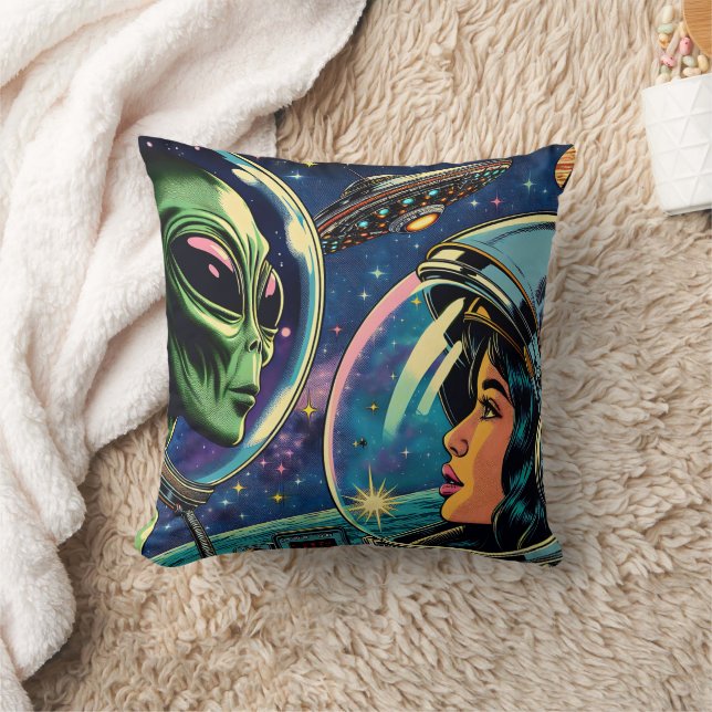 Woman Astronaut Meets Extraterrestrial Alien Throw Pillow (Blanket)