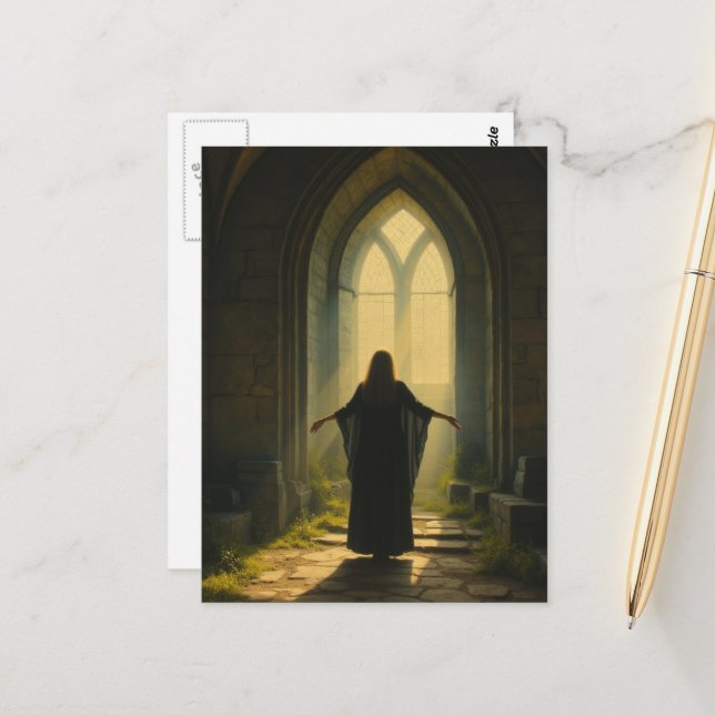 Woman at an Abandoned Church Postcard (Front/Back In Situ)