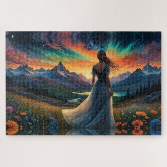 Woman at Sunrise Floral field over Mountain Lake 