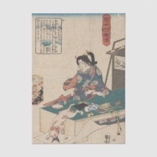 Woman at Table, White Cat Pouncing on Butterfly Tissue Paper