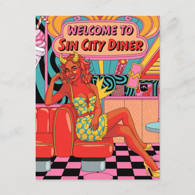 Woman at the Sin City Diner Comic Book Style Postcard (Front)