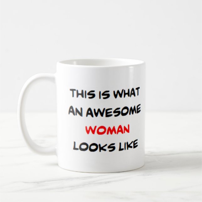 woman, awesome coffee mug (Left)