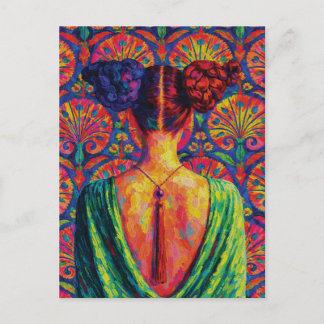 Woman Back View Colorful Buns Floral Pattern  Postcard