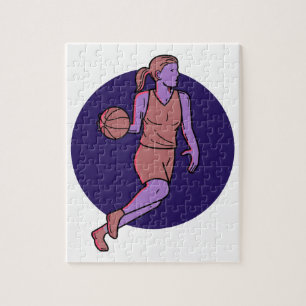 Woman Basketball Player Dribbling Mono Line Art Jigsaw Puzzle