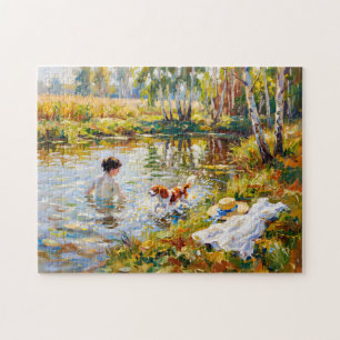 Woman Bathing in Pond with Cavalier Spaniel Jigsaw Puzzle