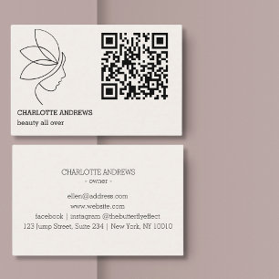 Woman Beauty Line Art QR Code Beige Business Card