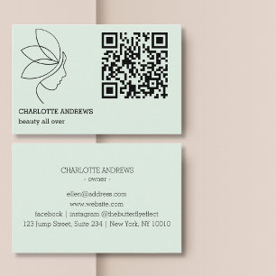 Woman Beauty Line Art QR Code Green Business Card