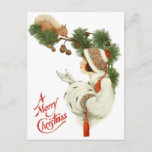 Woman Befriends Squirrel at Christmas Time Holiday Postcard<br><div class="desc">Vintage illustration of a beautiful woman in winter fur coat,  hat and gloves,  trying to entice a cute squirrel down from the pine cone tree.  Art by Sarah Stilwell Weber,  1915,   See also</div>