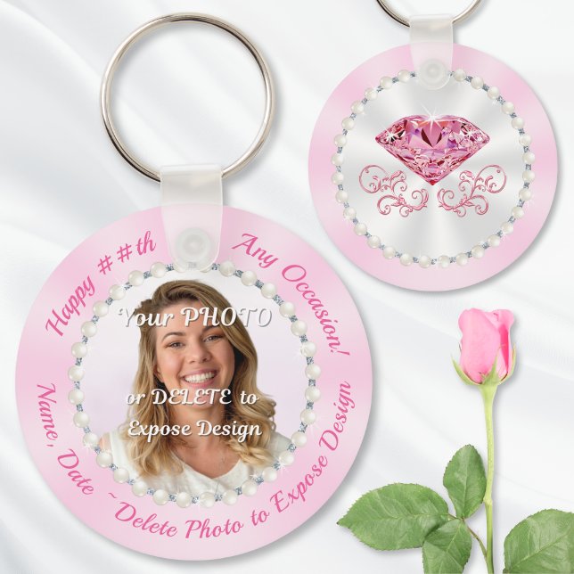 Woman Birthday Party Favors for Adults, PHOTO Keychain (Ideas for goodie bags for adults. Personalized photo keychains. Diamonds and Pearls party theme.)