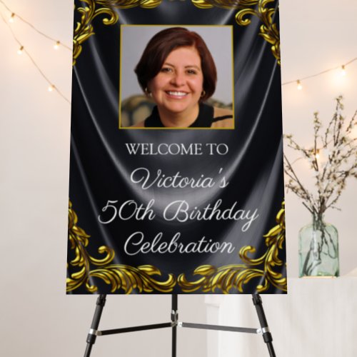 Woman Black Gold Photo Birthday Party Welcome Sign