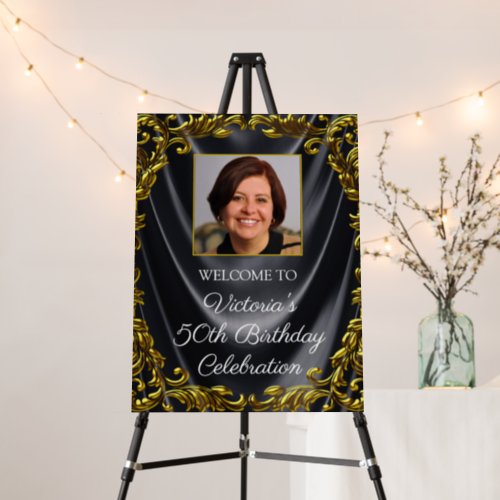 Woman Black Gold Photo Birthday Party Welcome Sign