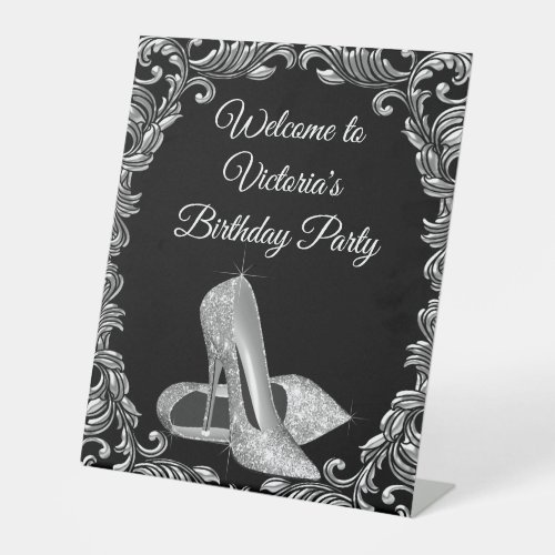 Woman Black Silver Birthday Party Welcome Table Pedestal Sign