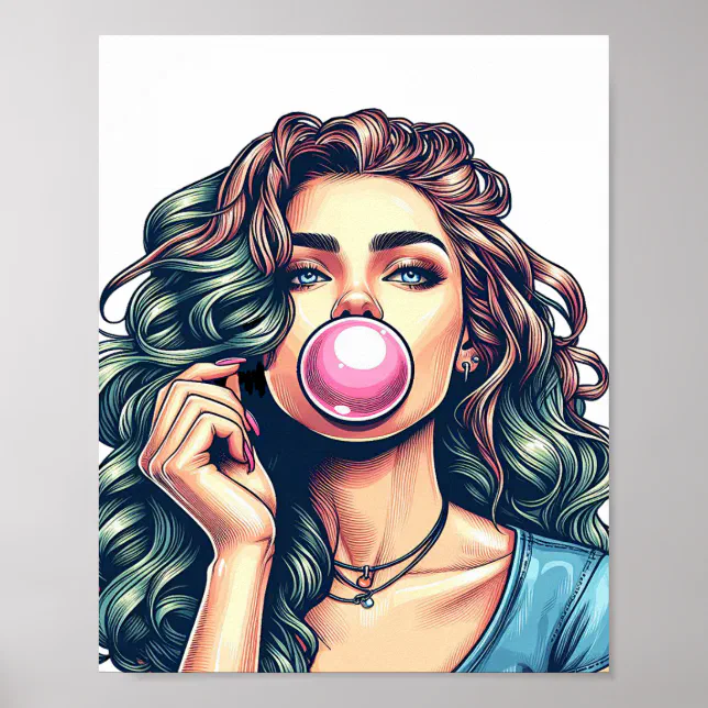 絵画 bubble gum Woman Blowing Bubble gum bubble art Poster | Zazzle