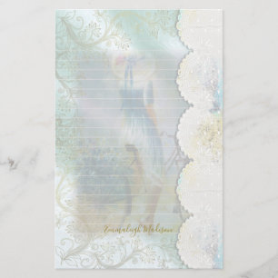 Woman Blue Dress Riding Bike Faux Lace Lined Stationery