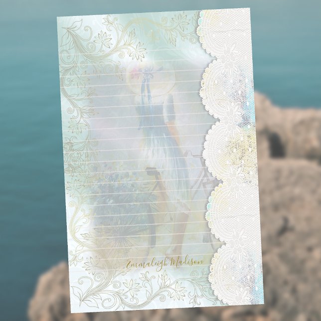 Woman Blue Dress Riding Bike Faux Lace Lined Stationery (Creator Uploaded)