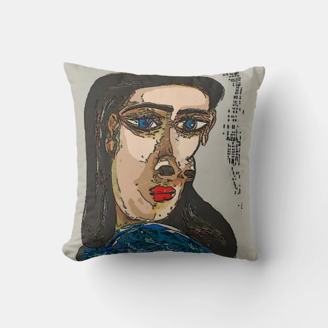 Woman Blue Face Abstract Throw Pillow (Front)