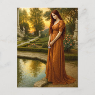 Woman By Garden Pond At Sunset Postcard