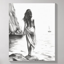 Woman by the Sea Pencil Drawing Photo Tile