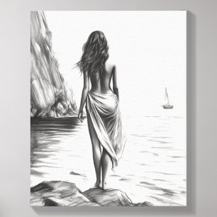 Woman by the Sea Pencil Drawing Photo Tile
