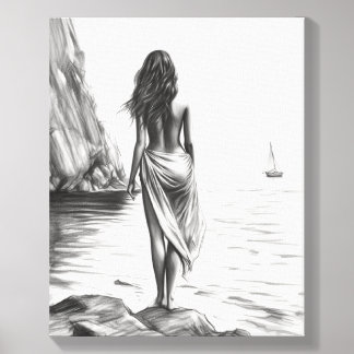 Woman by the Sea Pencil Drawing Photo Tile