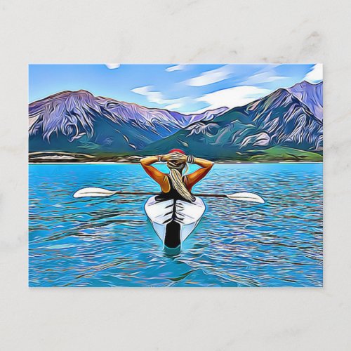 Woman Canoeing or kayaking by the Ocean Postcard