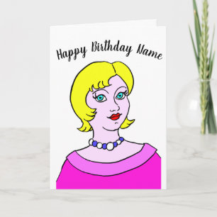 Woman Cartoon Pink Birthday Card