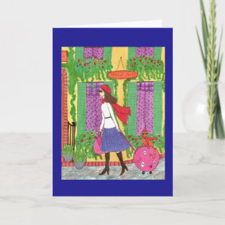 Woman, Cat, Suitcase, Travel, Paris Greeting Card