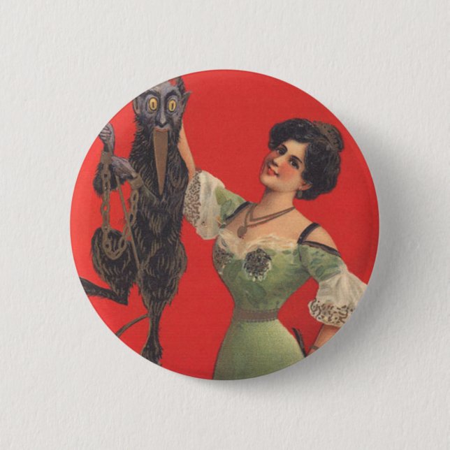 Woman Catching Krampus Button (Front)