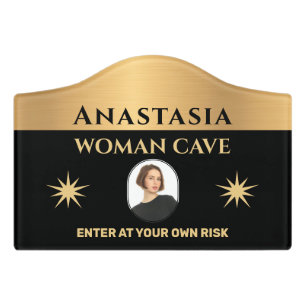 Woman Cave Gold Black Warning Personalize Door Sign