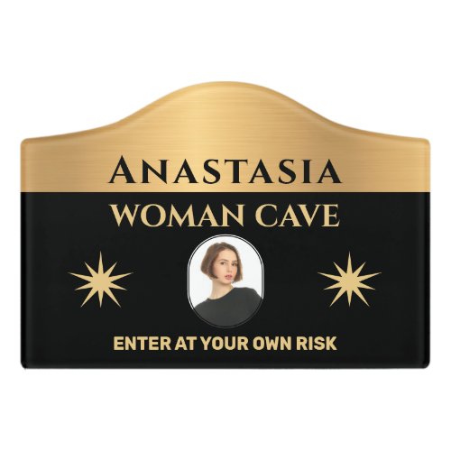 Woman Cave Gold Black Warning Personalize  Door Sign