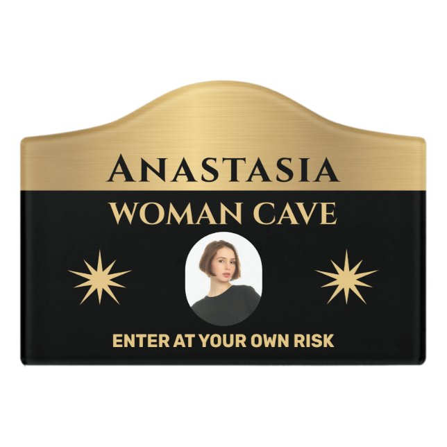 Woman Cave Gold Black Warning Personalize  Door Sign (Small Crest Front)