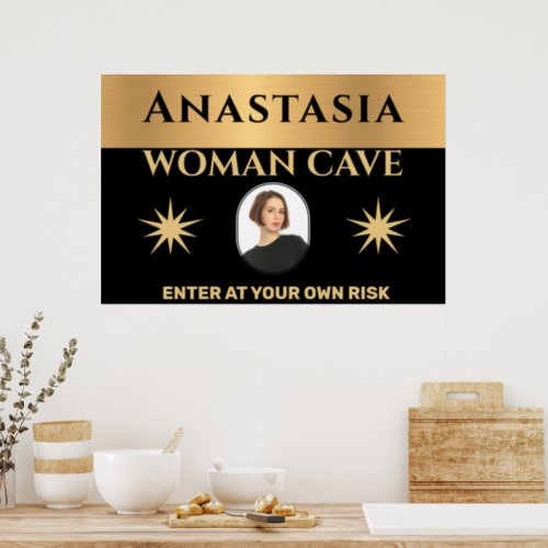 Woman Cave Gold Black Warning Personalize  Poster