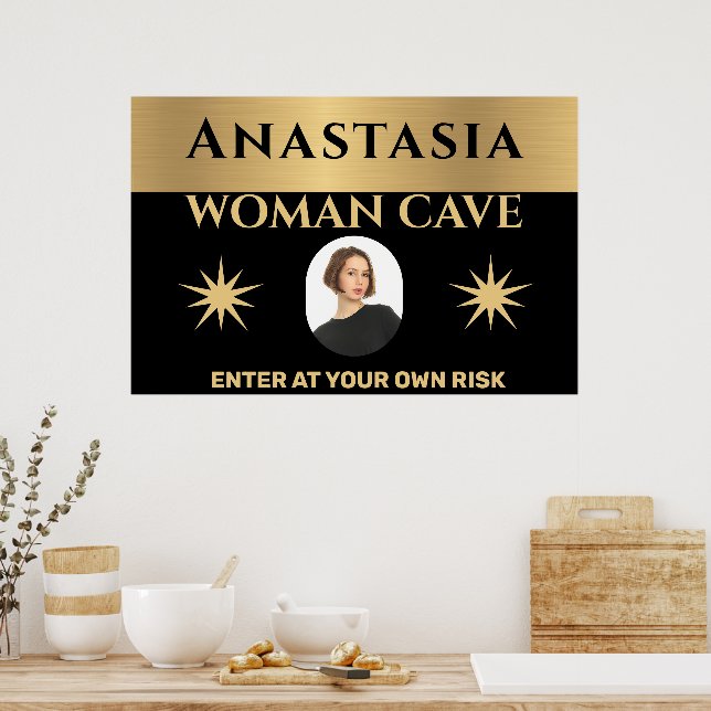 Woman Cave Gold Black Warning Personalize  Poster (Kitchen)